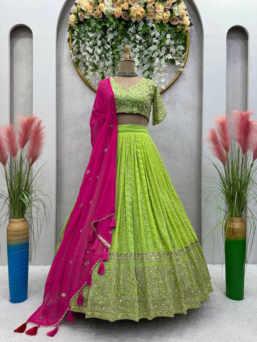 Parrot Green Color Work Lehenga Choli With Pink Dupatta Sarthaki Shop