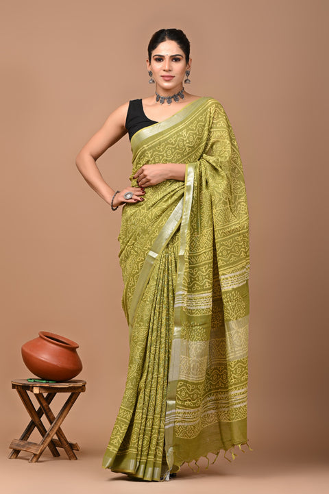 Traditional Bagru Handblock Print Linen Sarees