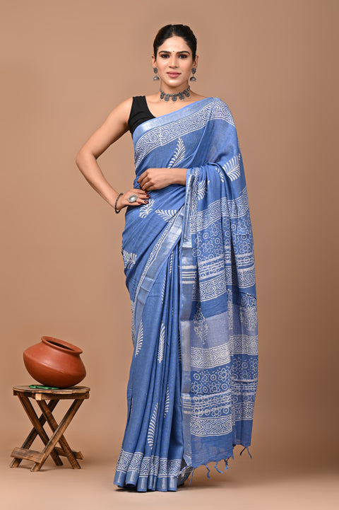 Traditional Bagru Handblock Print Linen Sarees