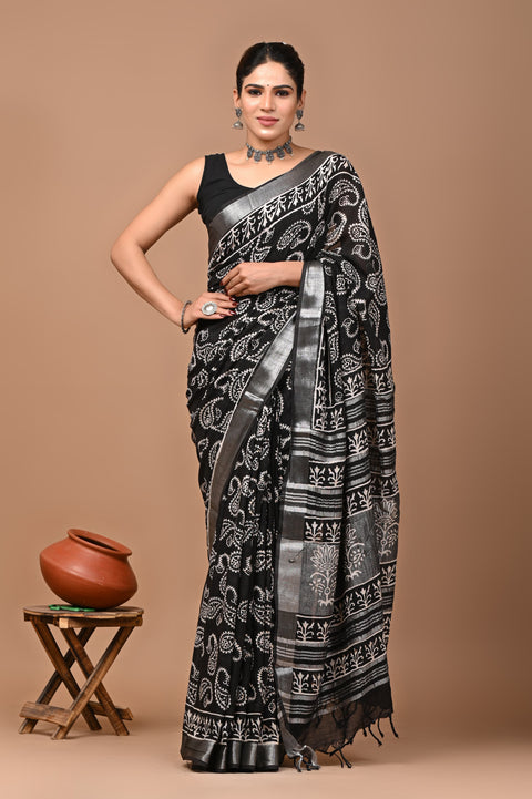 Traditional Bagru Handblock Print Linen Sarees