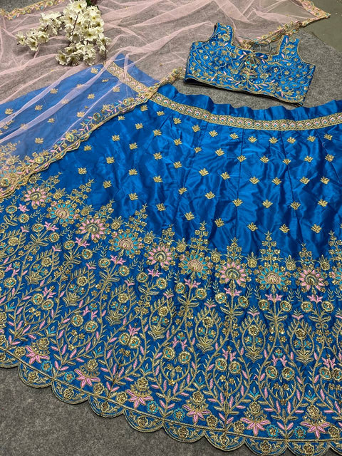 Vibrant Blue Colour Embroidered Party Wear Silk Lehenga Choli (Ready to Ship)