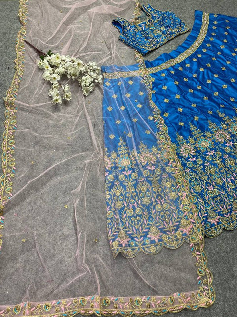 Vibrant Blue Colour Embroidered Party Wear Silk Lehenga Choli (Ready to Ship)