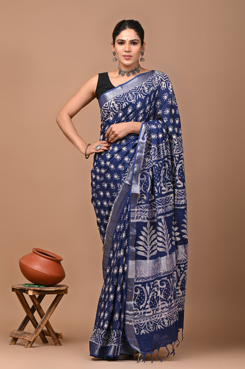 Traditional Bagru Handblock Print Linen Sarees