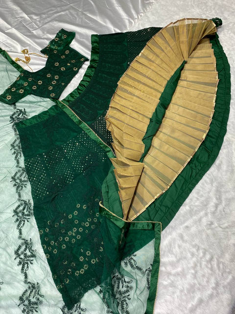 Green Colour Embroidered Silk Lehenga Choli (Ready to Ship)