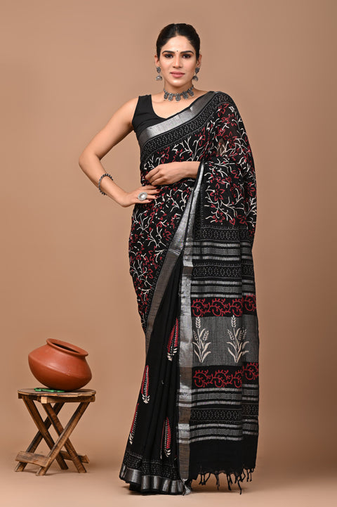 Traditional Bagru Handblock Print Linen Sarees