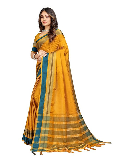 Women's Cotton Blend Saree With Unstitched Blouse Piece