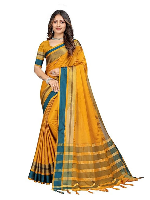 Women's Cotton Blend Saree With Unstitched Blouse Piece