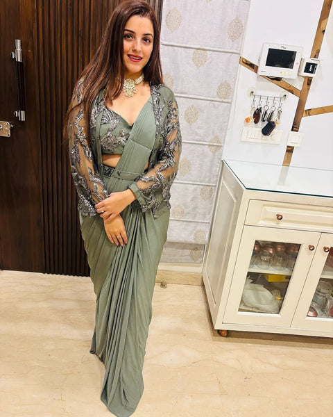 New Super Trending Embroidery Sequence work ready to wear saree with full koti