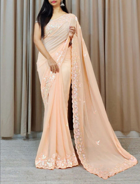 Beautiful Faux Georgette Saree With C-Pallu & Embroidery Work.