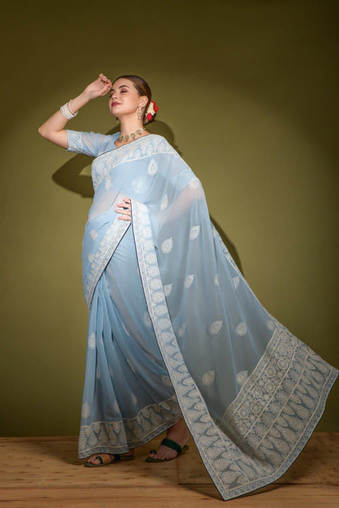 Heavy Blooming Georgette Saree With Thread Work.
