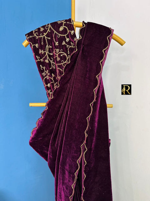 New Launching Pure Velvet Saree With Embroidery Work.