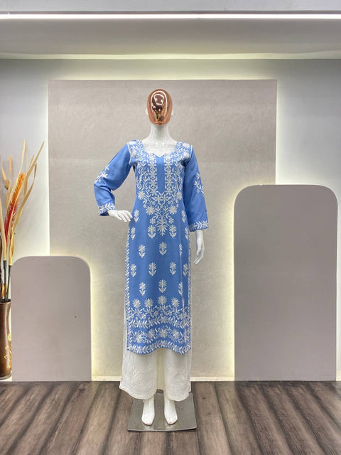 NEW TRENDING RAYON TOP WITH COTTON THREAD EMBROIDERED WORK & Plazo.