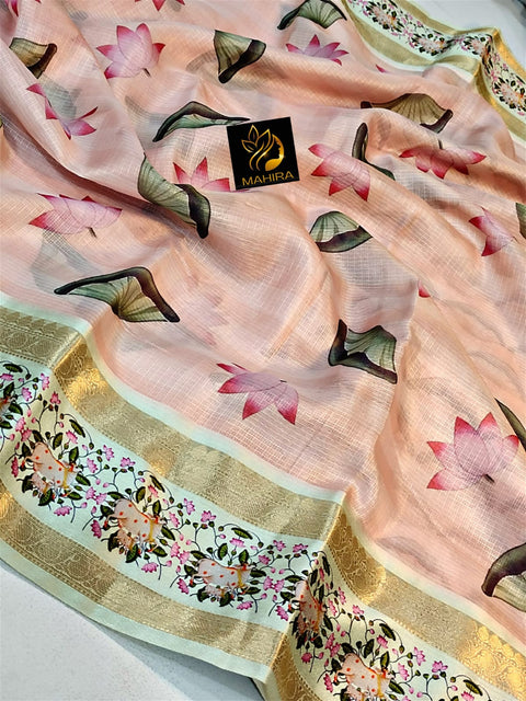 Premium Kota Doriya Saree's With All Over Floral Print Work & Pichwai Design + Zari At Border.