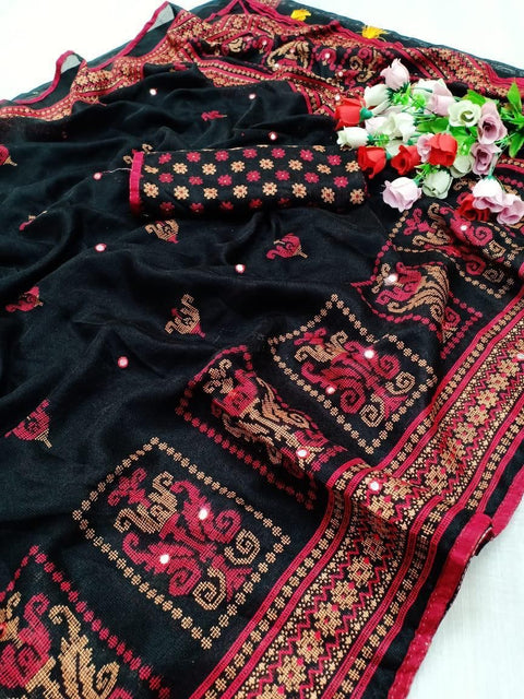 Beautiful HD Print Linen Jute Silk Saree With Mirror Work.