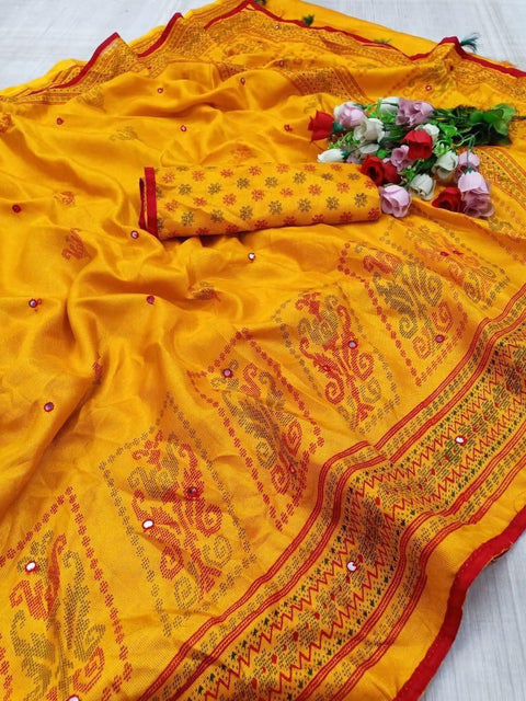 Beautiful HD Print Linen Jute Silk Saree With Mirror Work.