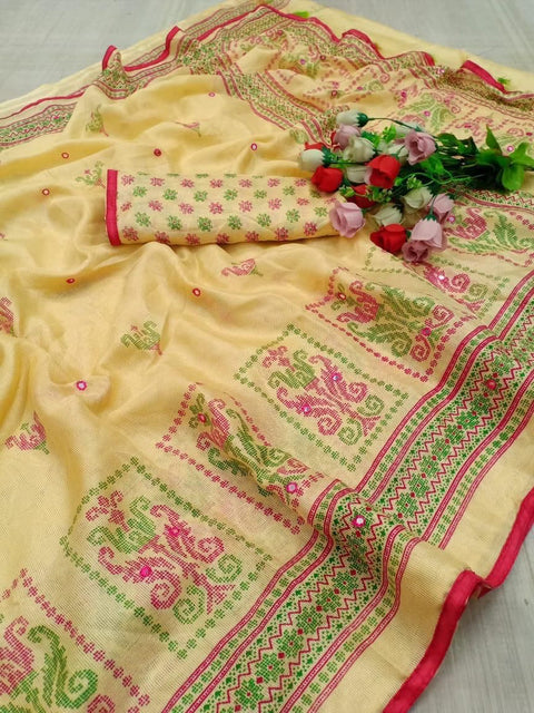 Beautiful HD Print Linen Jute Silk Saree With Mirror Work.