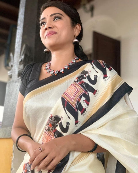 Pure Khadi Silk Saree With Ikkat Style Print & Attractive Tassels On Pallu.