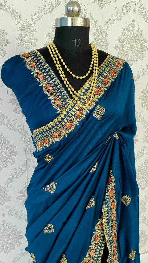 Presenting Vichitra Silk Saree With Heavy Embroidery & Stone Work.