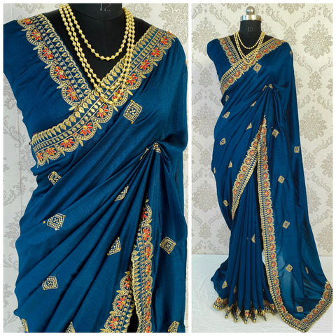 Presenting Vichitra Silk Saree With Heavy Embroidery & Stone Work.