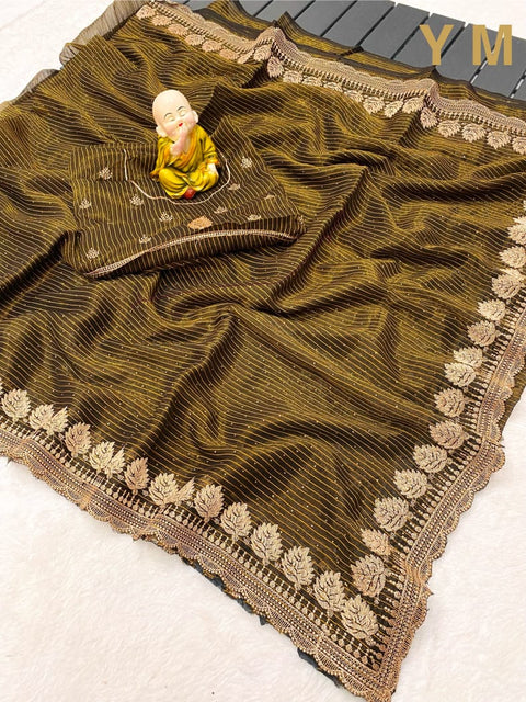 Beautiful Shiney Simmer Chiffon Saree With Heavy Embroidery Work.