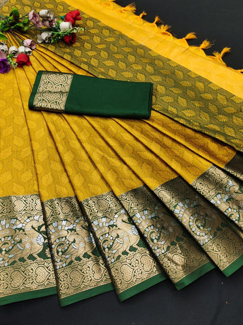Presenting Rich Cotton Jacquard Silk Saree With Contrast Pallu & Tassal.