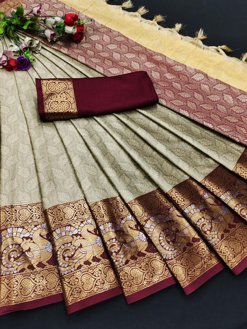 Presenting Rich Cotton Jacquard Silk Saree With Contrast Pallu & Tassal.