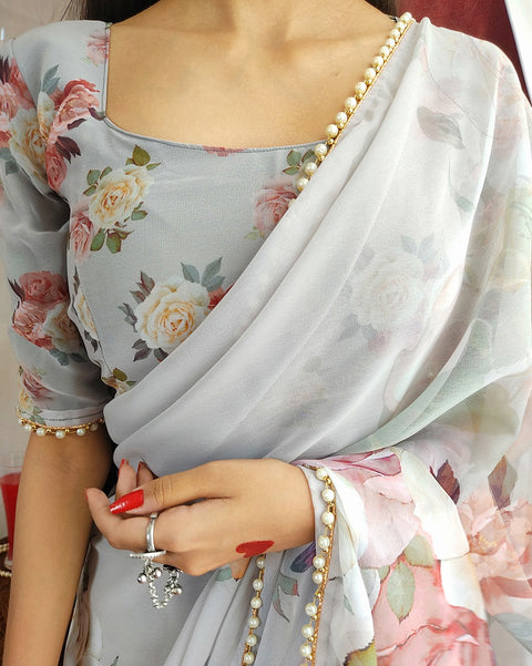 Beautiful Georgette Saree With Printed Work & Pearl Lace Border Work.