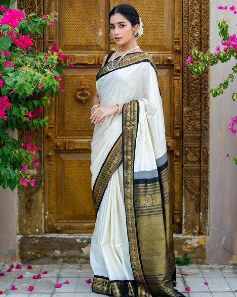 SIRIL Silk Blend White Saree With Silk Blend Blouse piece