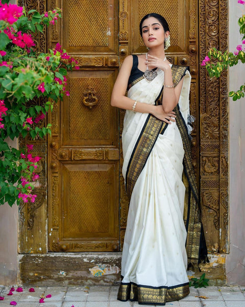 SIRIL Silk Blend White Saree With Silk Blend Blouse piece