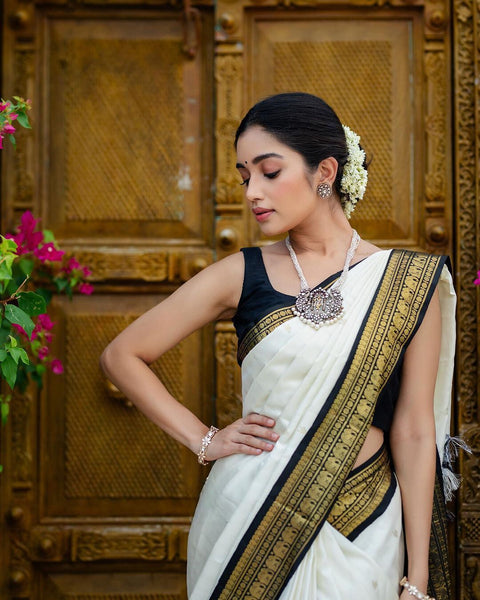 SIRIL Silk Blend White Saree With Silk Blend Blouse piece