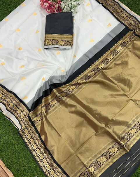 SIRIL Silk Blend White Saree With Silk Blend Blouse piece
