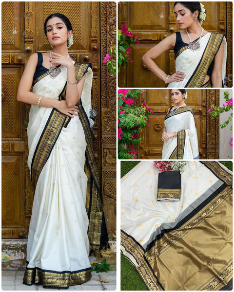 SIRIL Silk Blend White Saree With Silk Blend Blouse piece