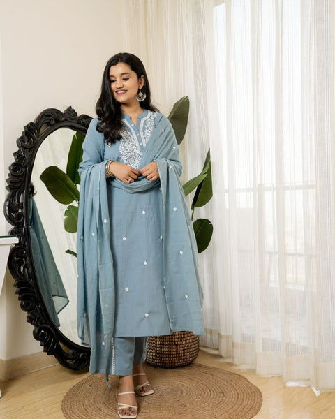 Premium Cotton Embroidered Kurtis With Embroidered border Pant and dupatta