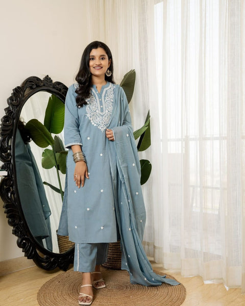 Premium Cotton Embroidered Kurtis With Embroidered border Pant and dupatta