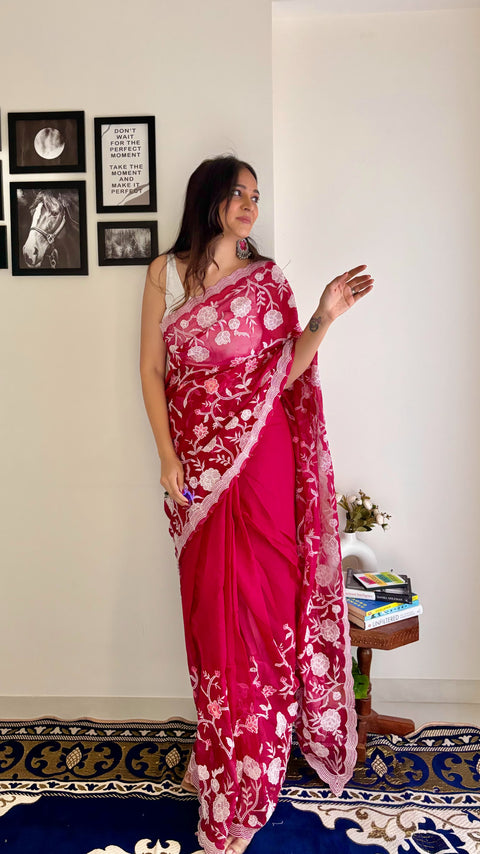 Premium organza saree with Thread embroidery lucknowi work