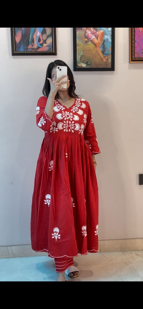 Presenting Cotton Party Wear Look Gown & Bottom With Embroidery Work.