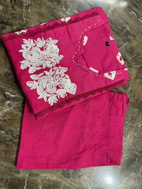 Solid Pink Cotton Printed Kurta & Palazzo Set