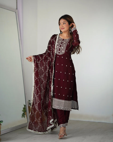 EMBROIDERY SEQUENCE AND THREAD WORK STRAIGHT FIT KURTA WITH DUPPTA SET