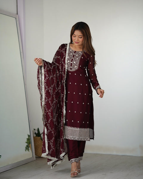 EMBROIDERY SEQUENCE AND THREAD WORK STRAIGHT FIT KURTA WITH DUPPTA SET