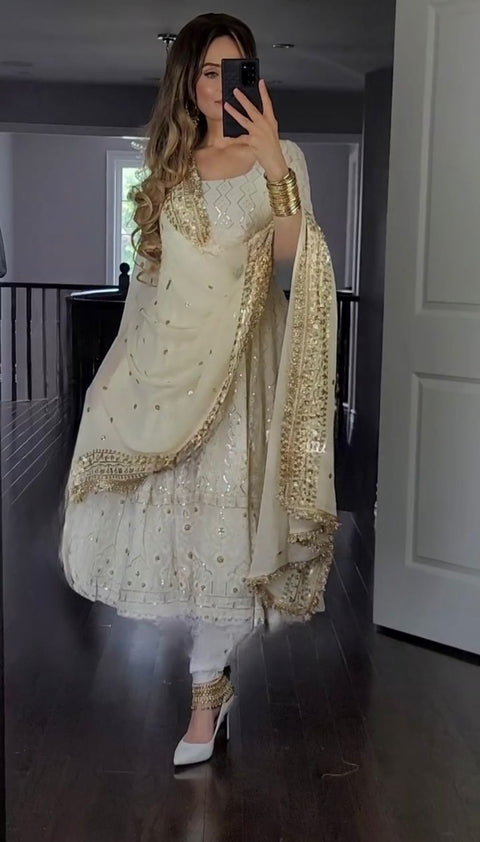 Women's Heavy Faux Georgette Anarkali Kurti With Pant and Dupatta Set