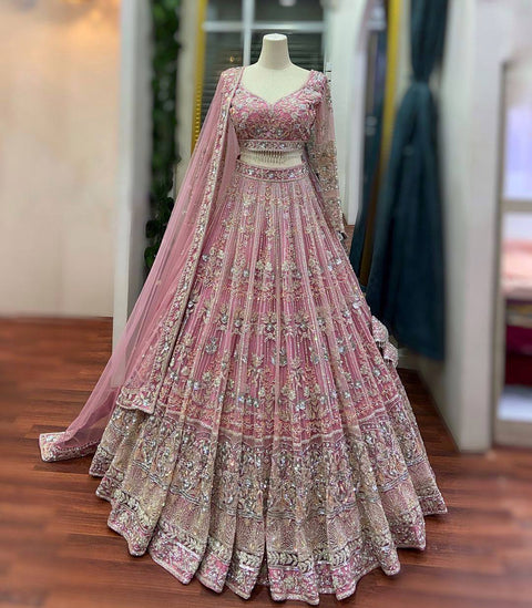 Pastel Sequins Combine Flower Pattern Exceptionally Designed Pink Butterfly Net Lehenga with Dupatta