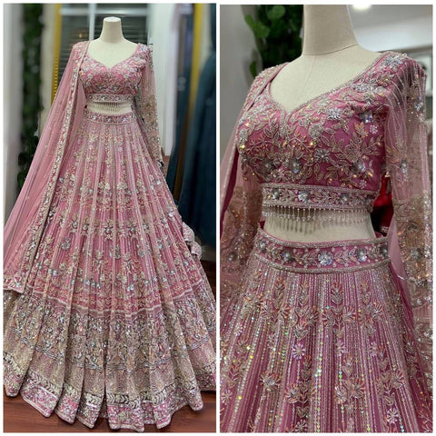 Pastel Sequins Combine Flower Pattern Exceptionally Designed Pink Butterfly Net Lehenga with Dupatta