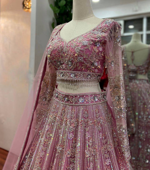 Pastel Sequins Combine Flower Pattern Exceptionally Designed Pink Butterfly Net Lehenga with Dupatta