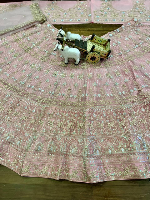 Pastel Sequins Combine Flower Pattern Exceptionally Designed Pink Butterfly Net Lehenga with Dupatta