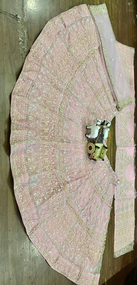 Pastel Sequins Combine Flower Pattern Exceptionally Designed Pink Butterfly Net Lehenga with Dupatta