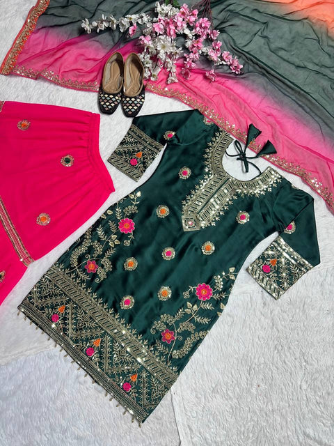 Heavy Faux  Digital Print  Kurti-Sharara-Dupatta Set with Embroidery & SEQUENCE WORK