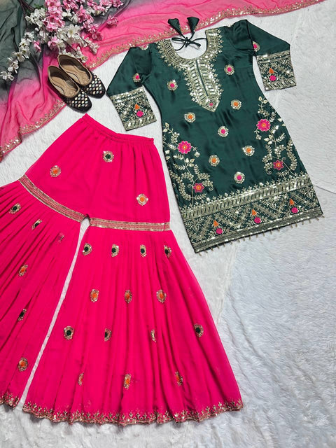 Heavy Faux  Digital Print  Kurti-Sharara-Dupatta Set with Embroidery & SEQUENCE WORK