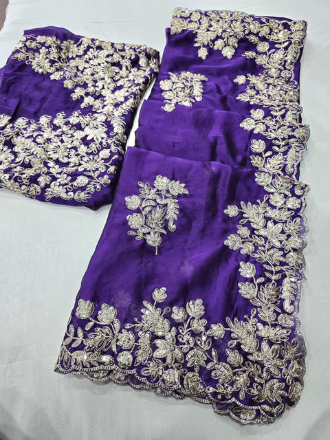 Purple Pure Jimmy Chuu Silk Multi Thread Embroidery Silk Saree