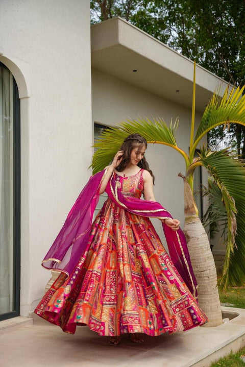 Silky red anarkali printed gown with dupatta