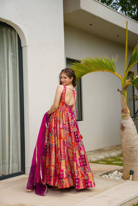 Silky red anarkali printed gown with dupatta